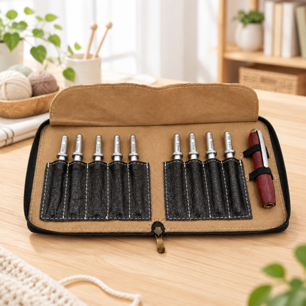 Hand Turned Crochet Hook Set, 9 Sizes, Interchangeable Handle, Leather Case, SKU 1554 1555