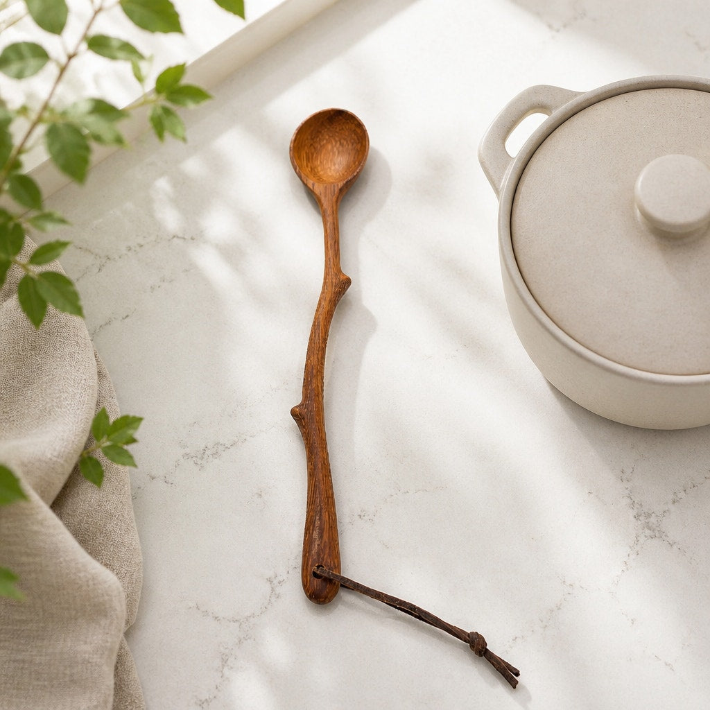 Ash Wooden Spoon with Tree Branch Handle, 9 Inch Long, Food Safe, SKU 1466