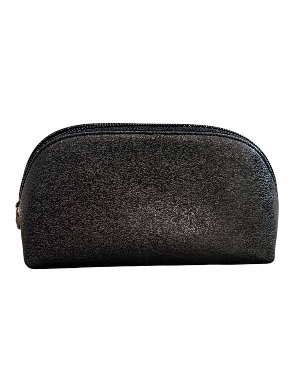 CURATED by Kira black leather Chanel cosmetic pouch with a zip-around closure and textured finish.