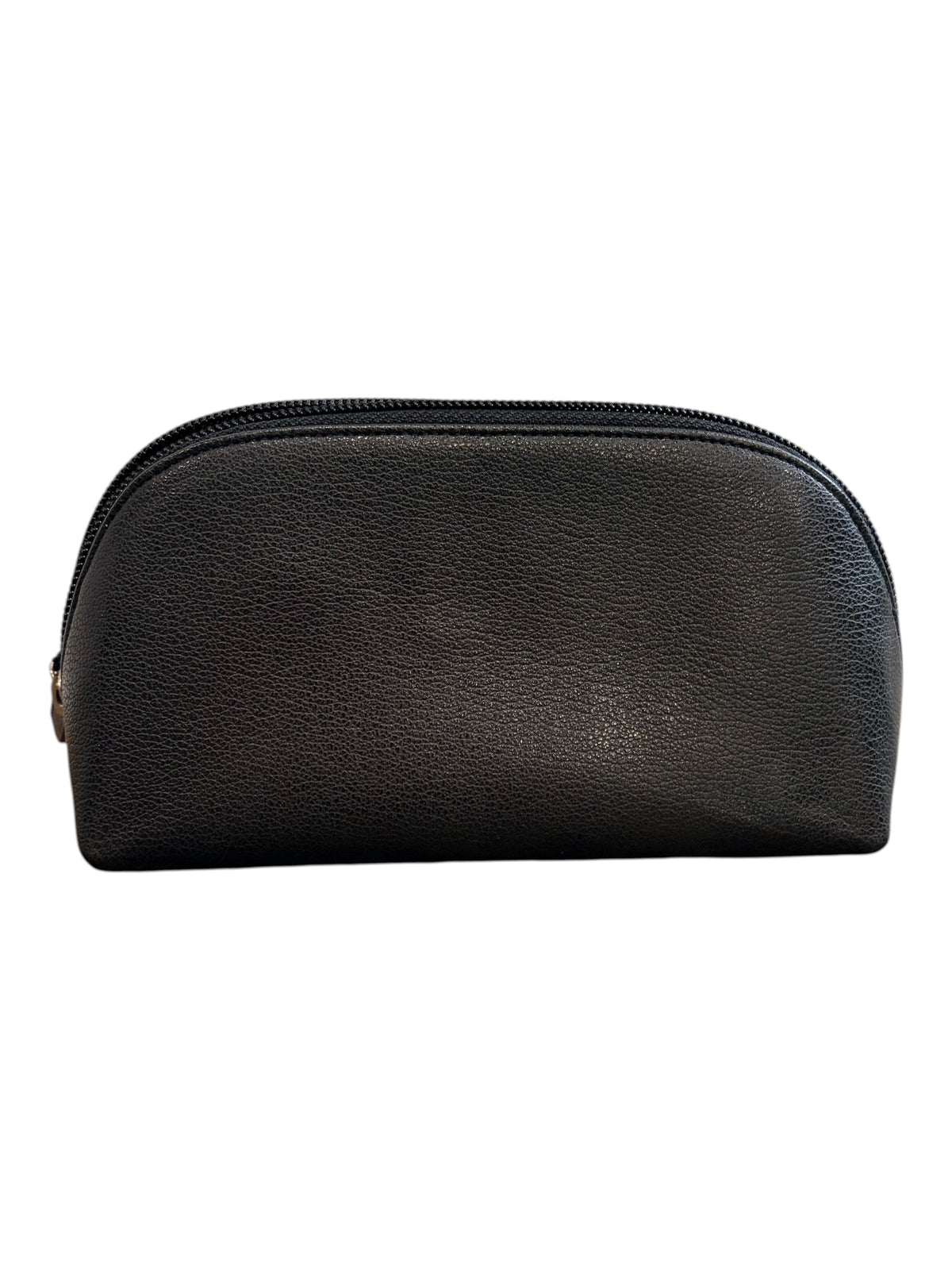 CURATED by Kira black leather Chanel cosmetic pouch with a zip-around closure and textured finish.