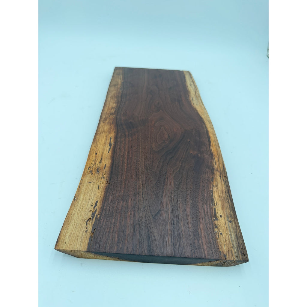 Live Edge Walnut Charcuterie Board Platter, rich dark coloring, intricate grain pattern, handcrafted, 18x8x1.1 in