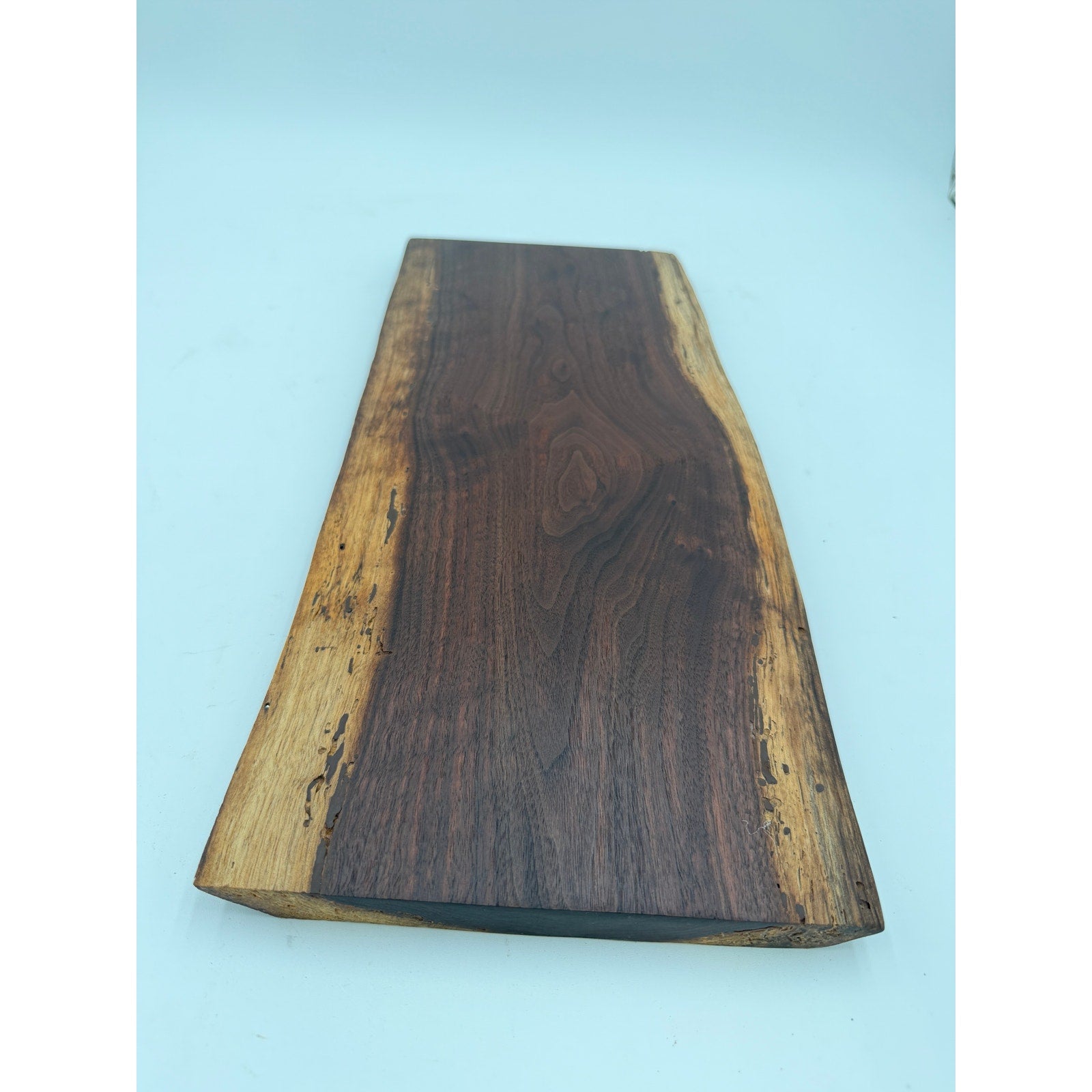Live Edge Walnut Charcuterie Board Platter, rich dark coloring, intricate grain pattern, handcrafted, 18x8x1.1 in