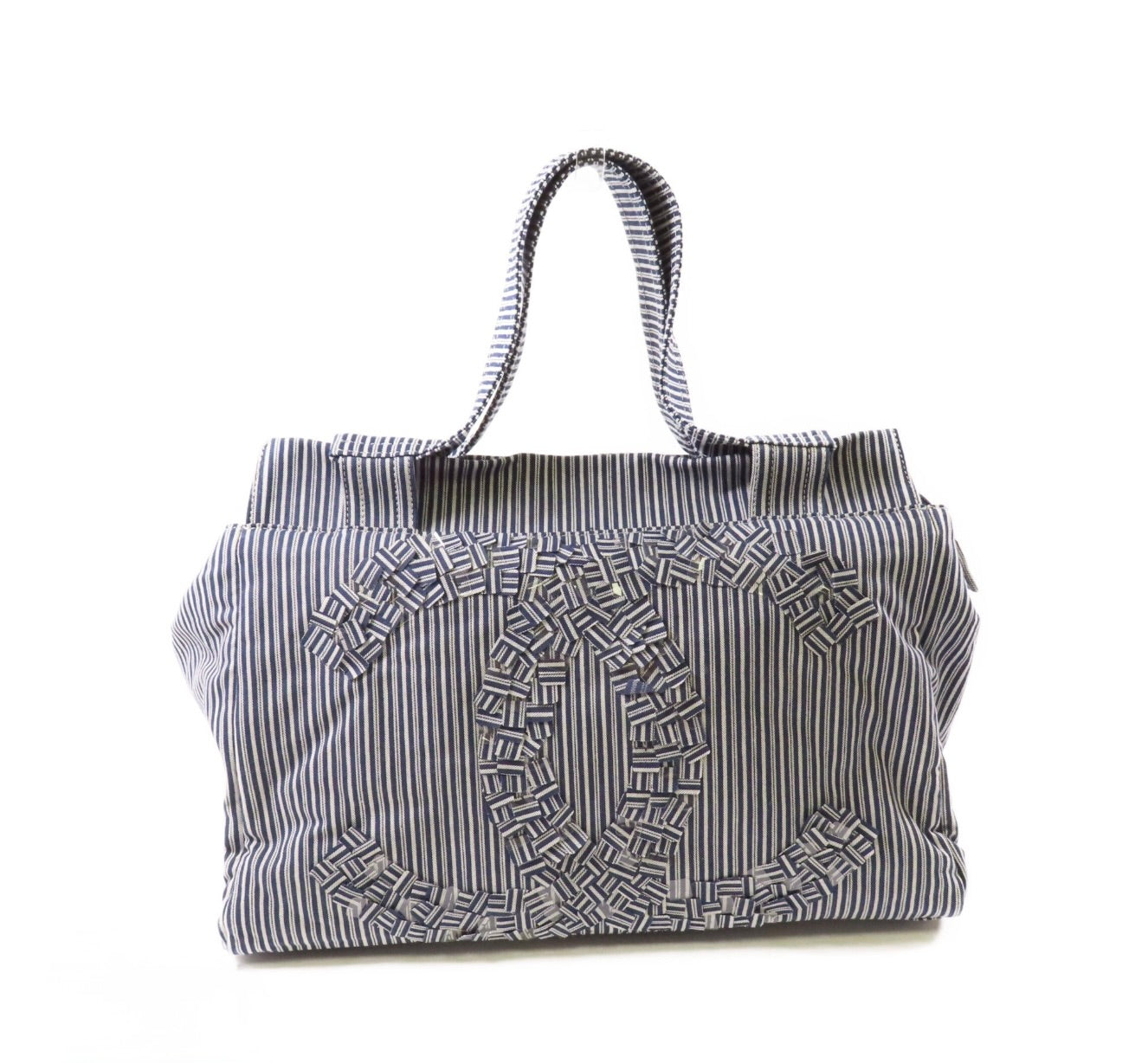5396 - Chanel Canvas CC Striped Tote Bag Ginpaku Hand Stitched
