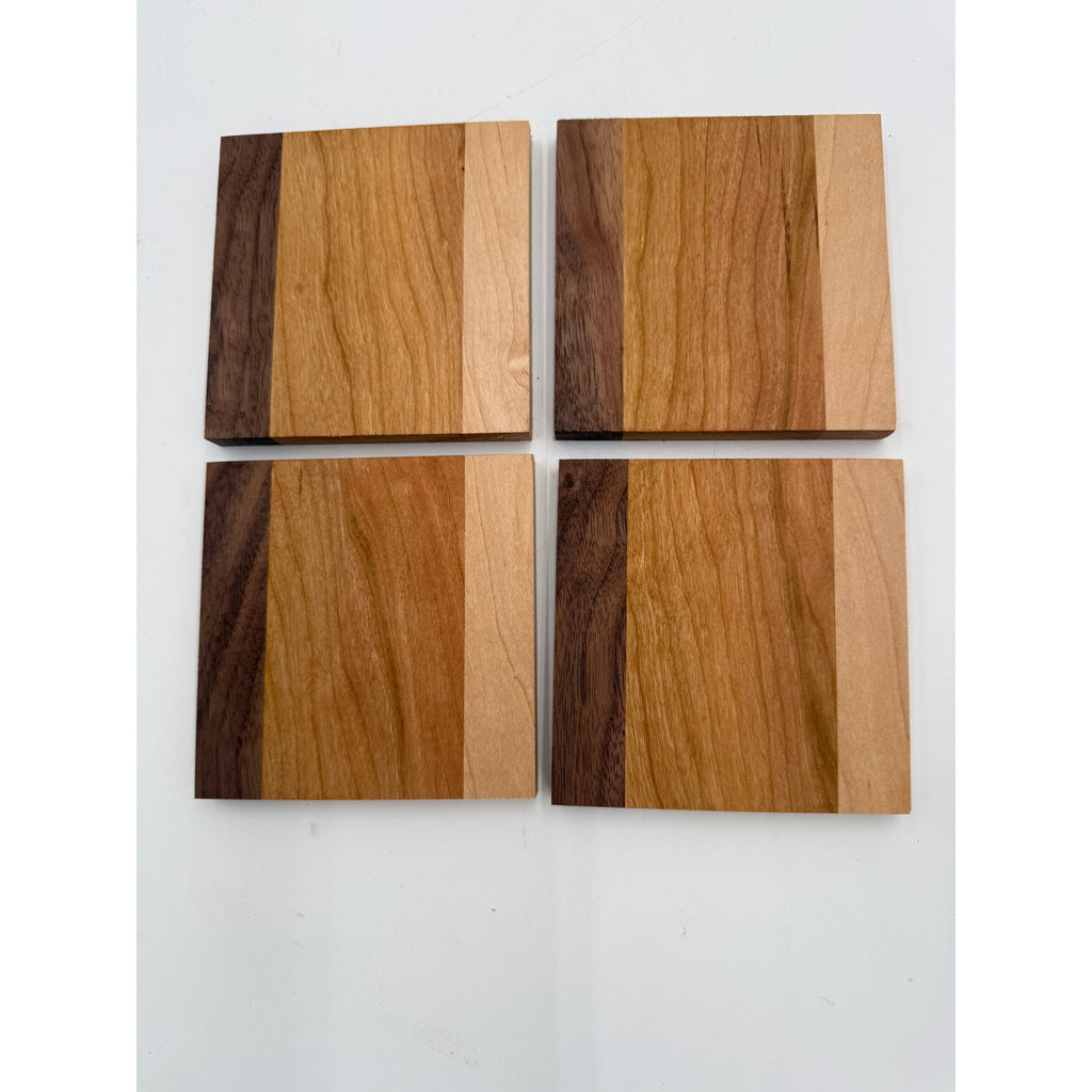 Handcrafted Hardwood Coaster Set of Four, dual-wood design, optional stand, choice of patterns and woods, 4x4 or 4.25x4.25