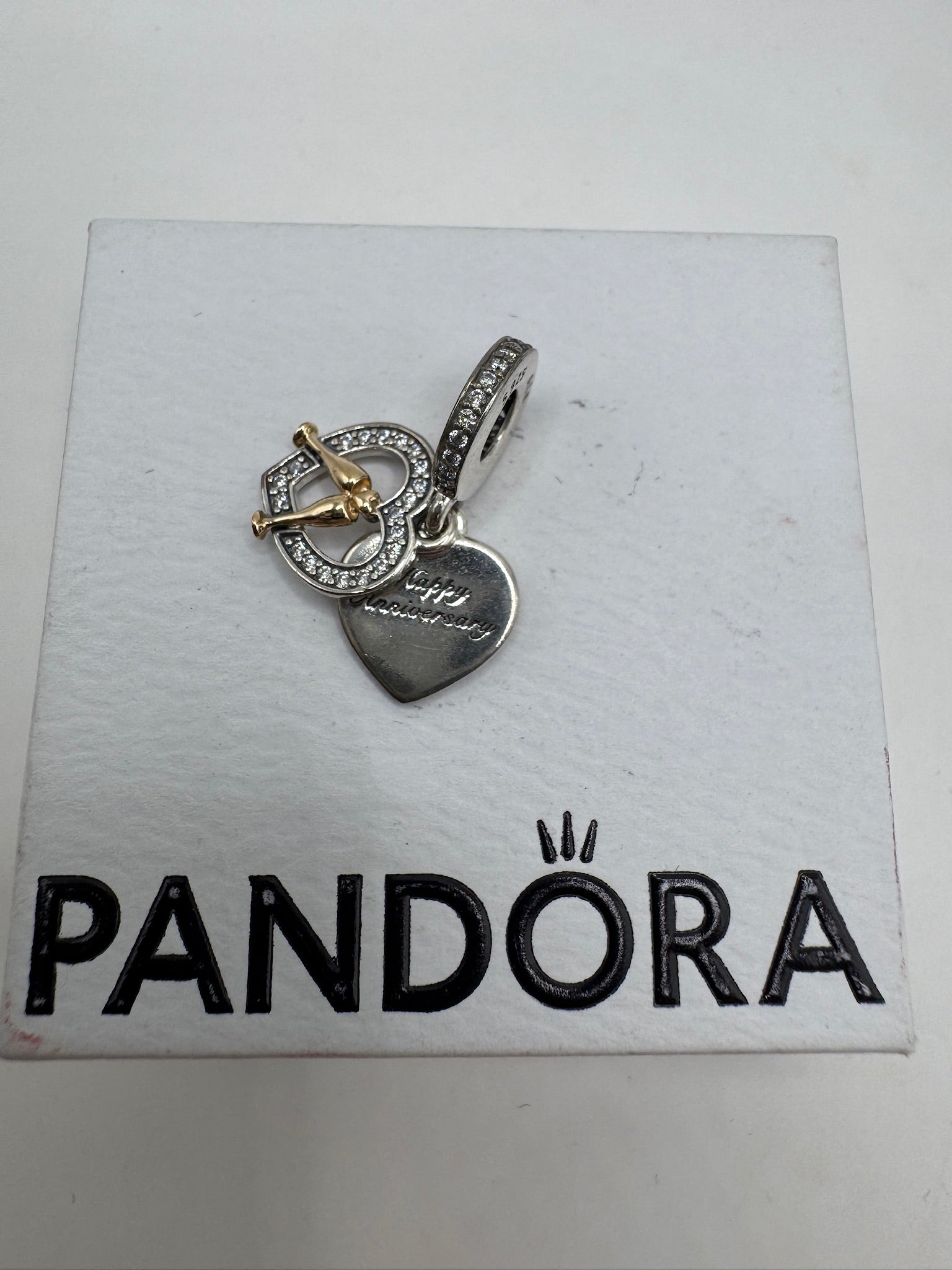 Pandora Two-tone Happy Anniversary Dangle Charm - 14k gold & Sterling silver - NWT