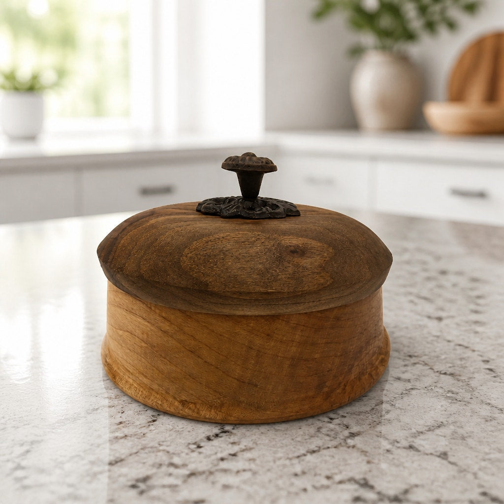 Figured Maple Turned Bowl with Lid, Walnut Top, Wrought Iron Handle, SKU 1464