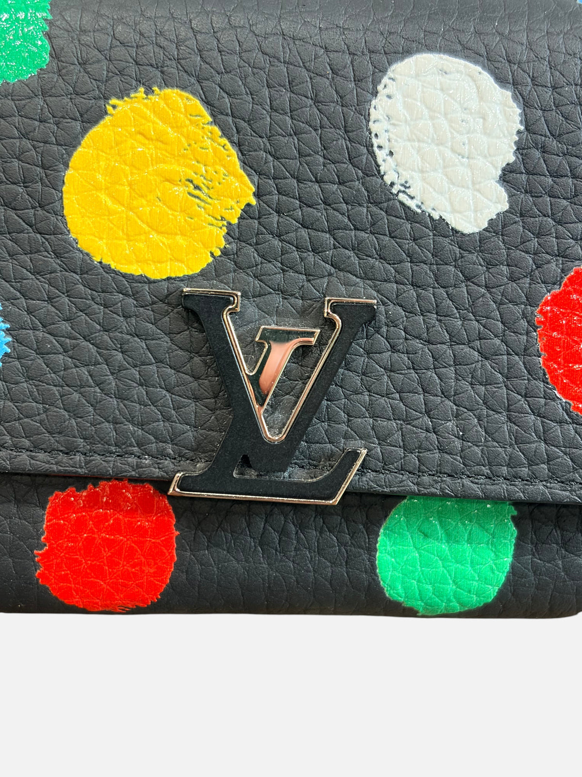 CURATED by Kira Louis Vuitton Kusama Capucines wallet in black calfskin with colorful polka dots and LV logo hardware