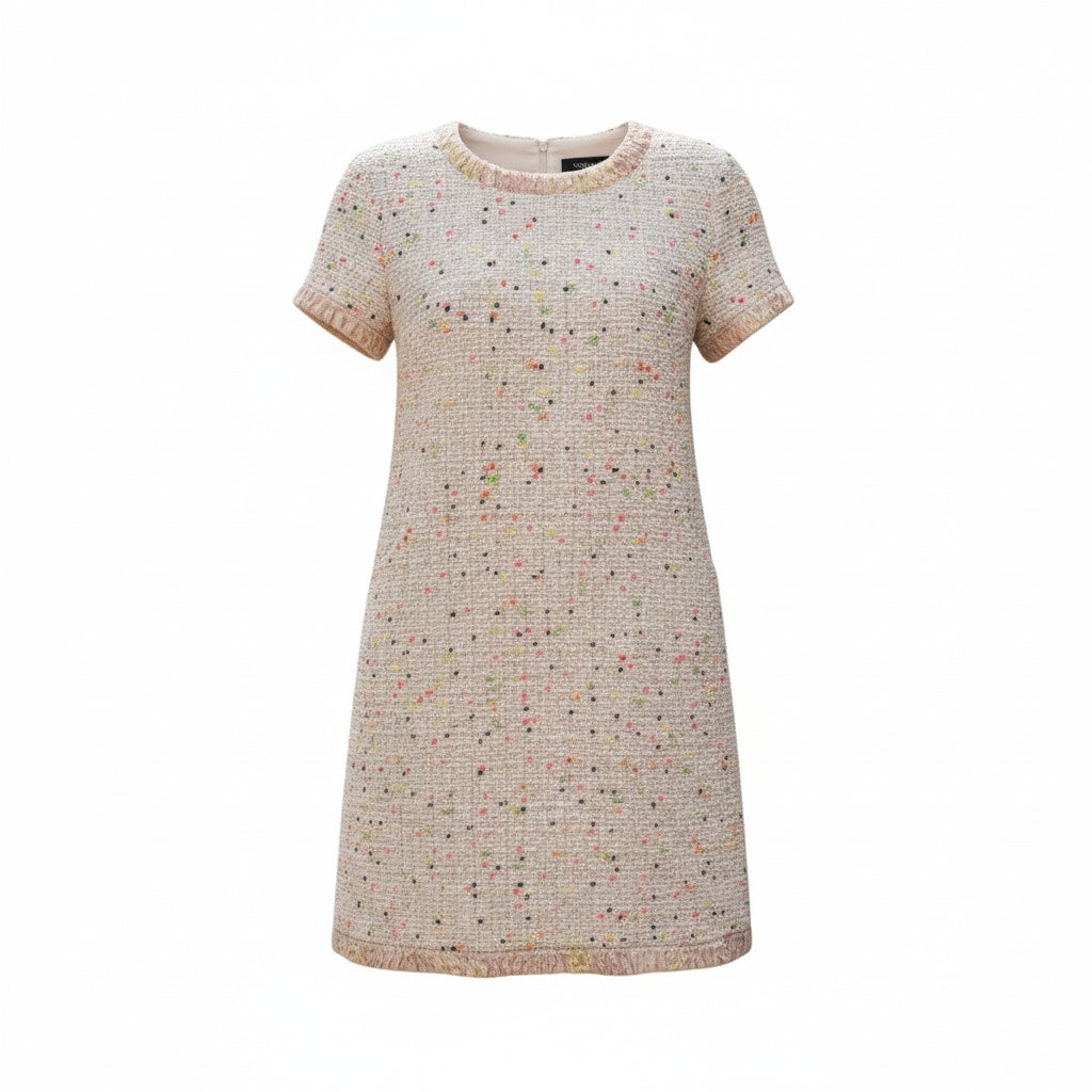 Chanel Tweed Short Sleeve Dress Nude Pink Multicolor Size 42