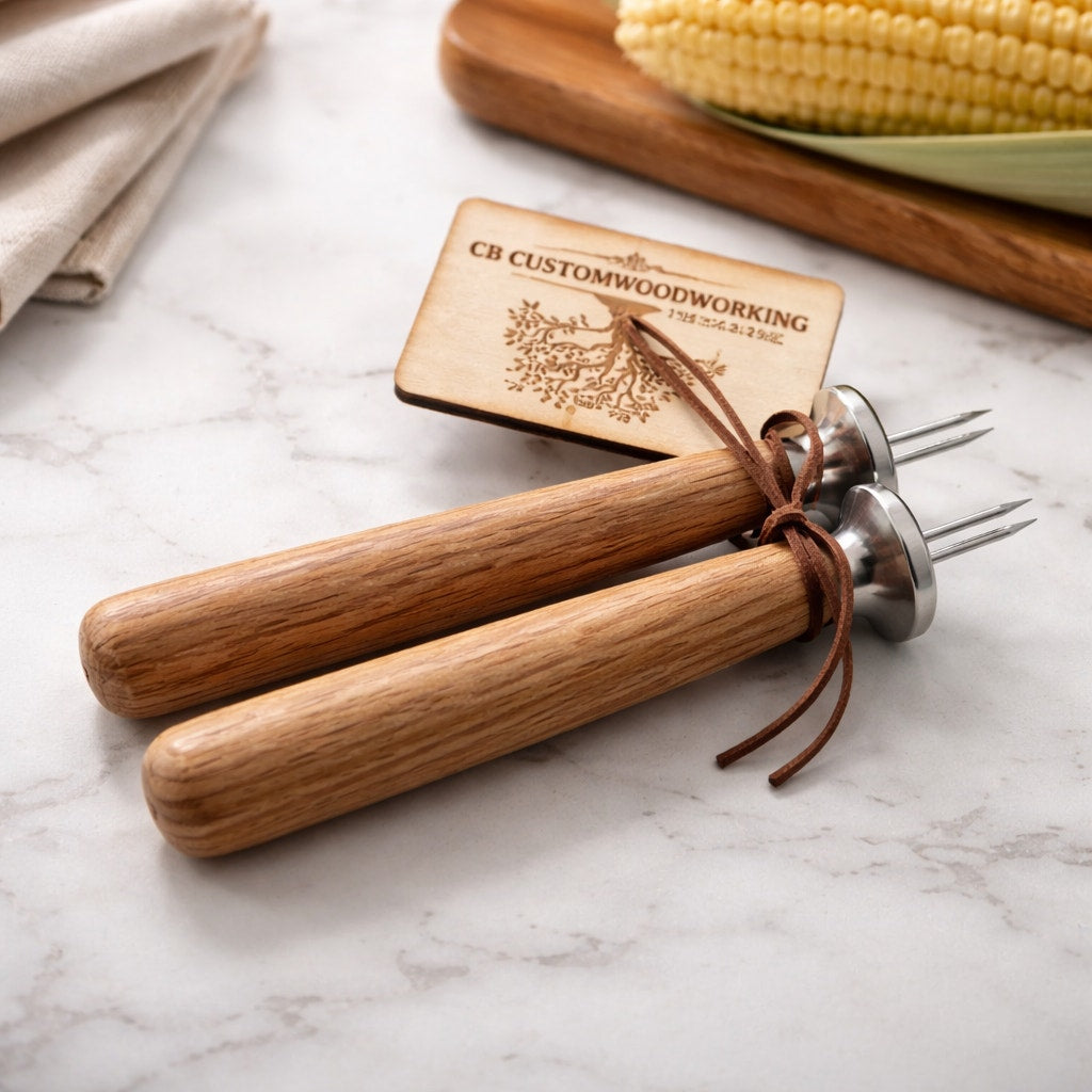 Hand Turned Sweet Corn Holders with Wood Handles, stainless steel prongs, hardwood options, durable kitchen tool, gift boxed
