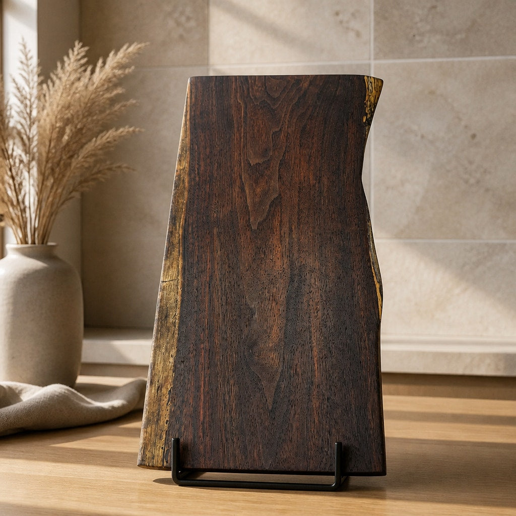 Handcrafted Walnut Live Edge Charcuterie Board, 15x8x1 size, rich dark coloring, intricate grain pattern, food safe finish