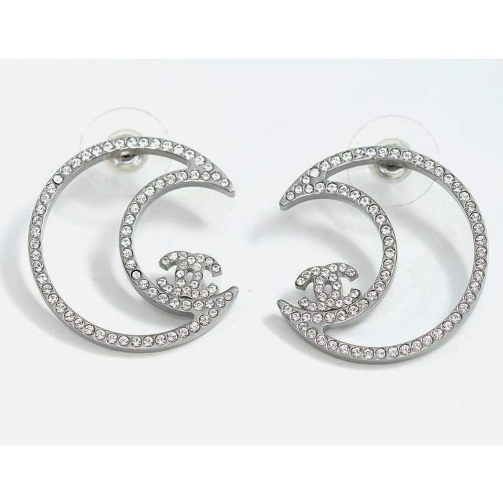 Chanel CC Moon Crystal Earrings | Silver-Tone | 1" | Pierced | Excellent