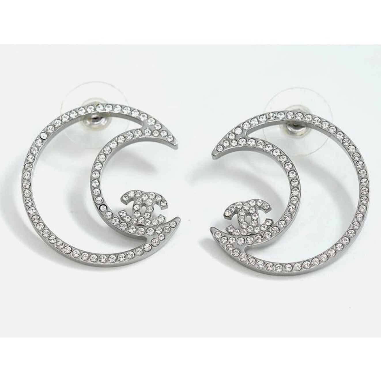 Chanel CC Moon Crystal Earrings | Silver-Tone | 1" | Pierced | Excellent