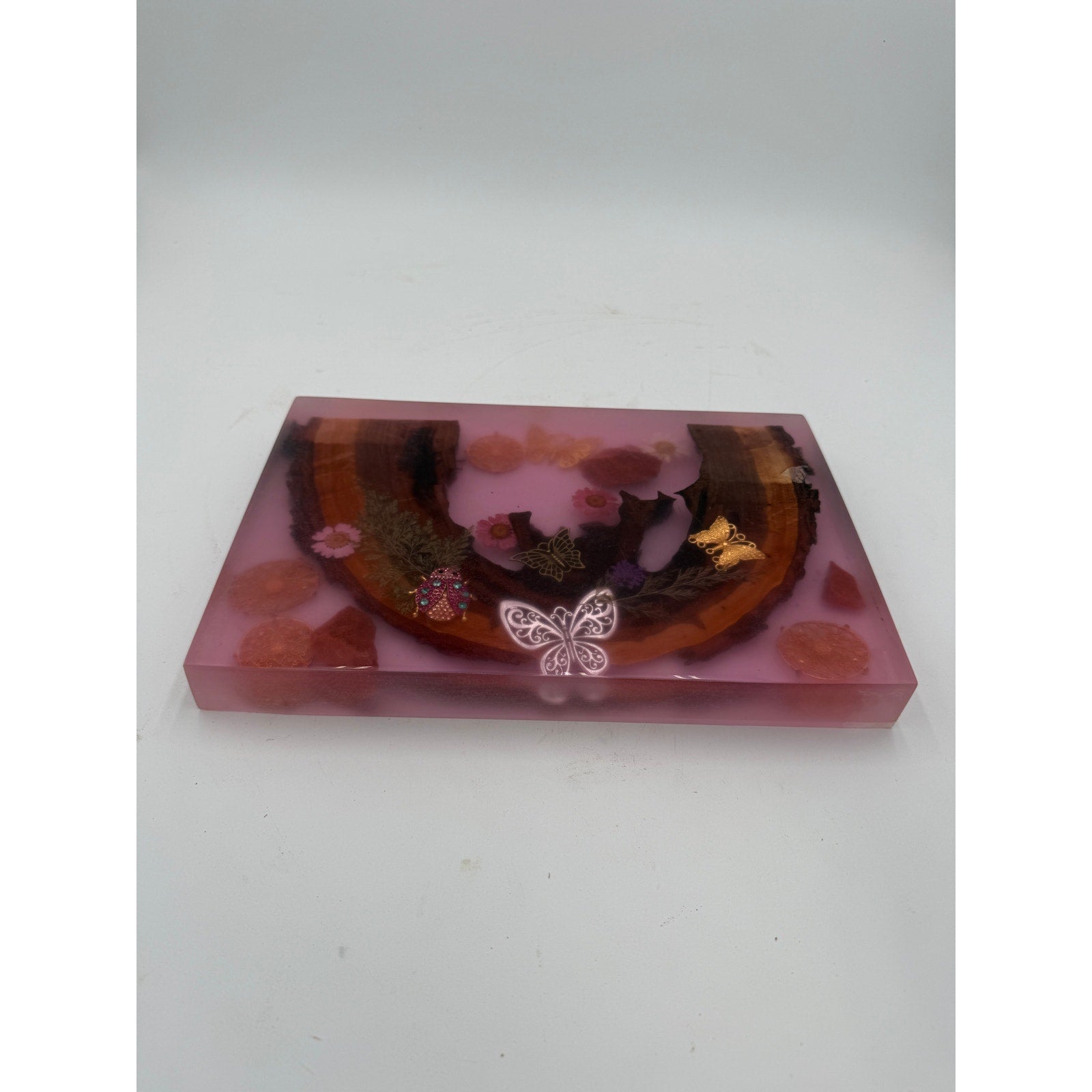 Butterfly Garden Resin Charcuterie Board 12x8, red epoxy art serving tray, embedded wood and florals, ladybug accents, handmade home decor