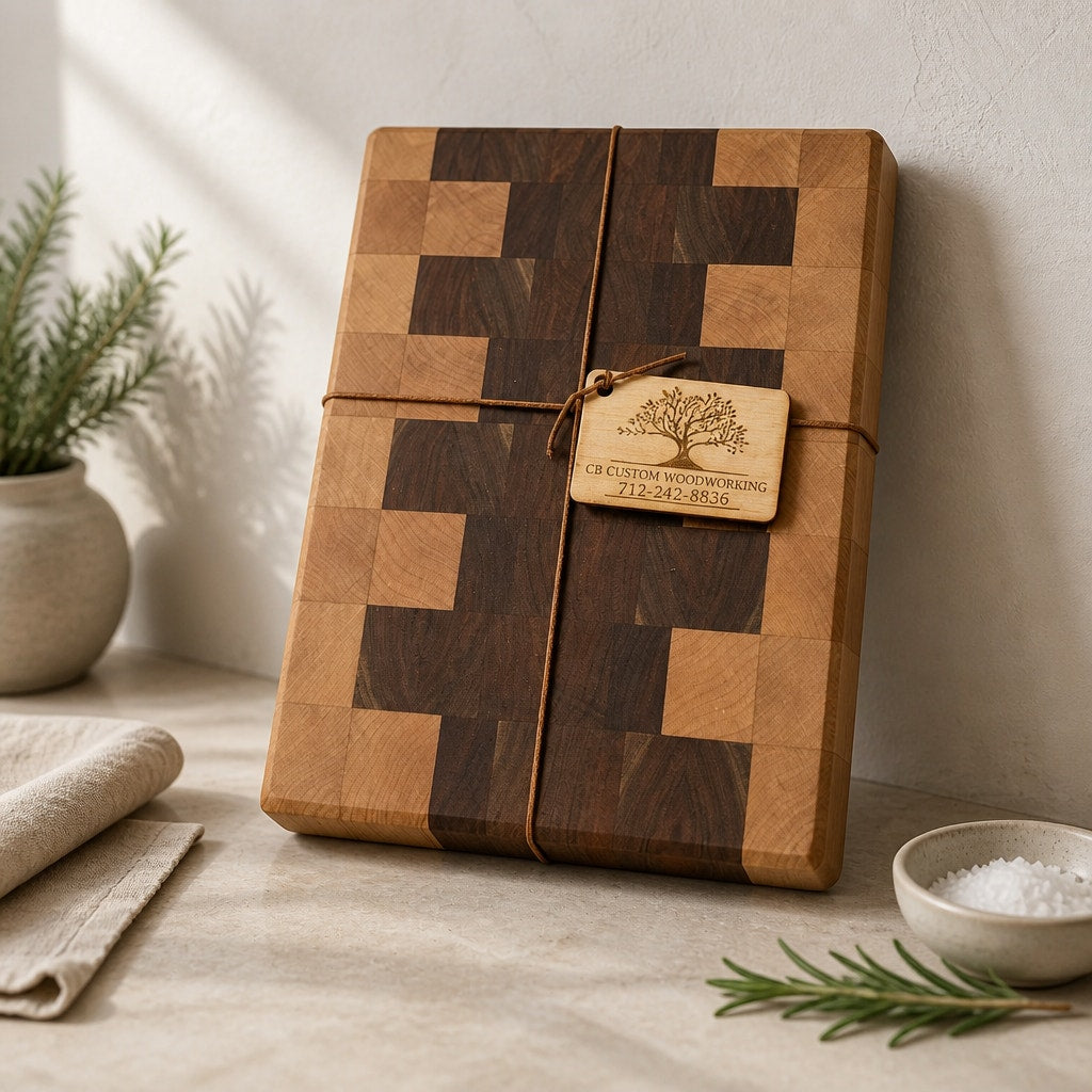 Chef Quality End Grain Cutting Board, walnut and maple hardwood, 12.5 x 9 x 1.75, artisan made, long lasting