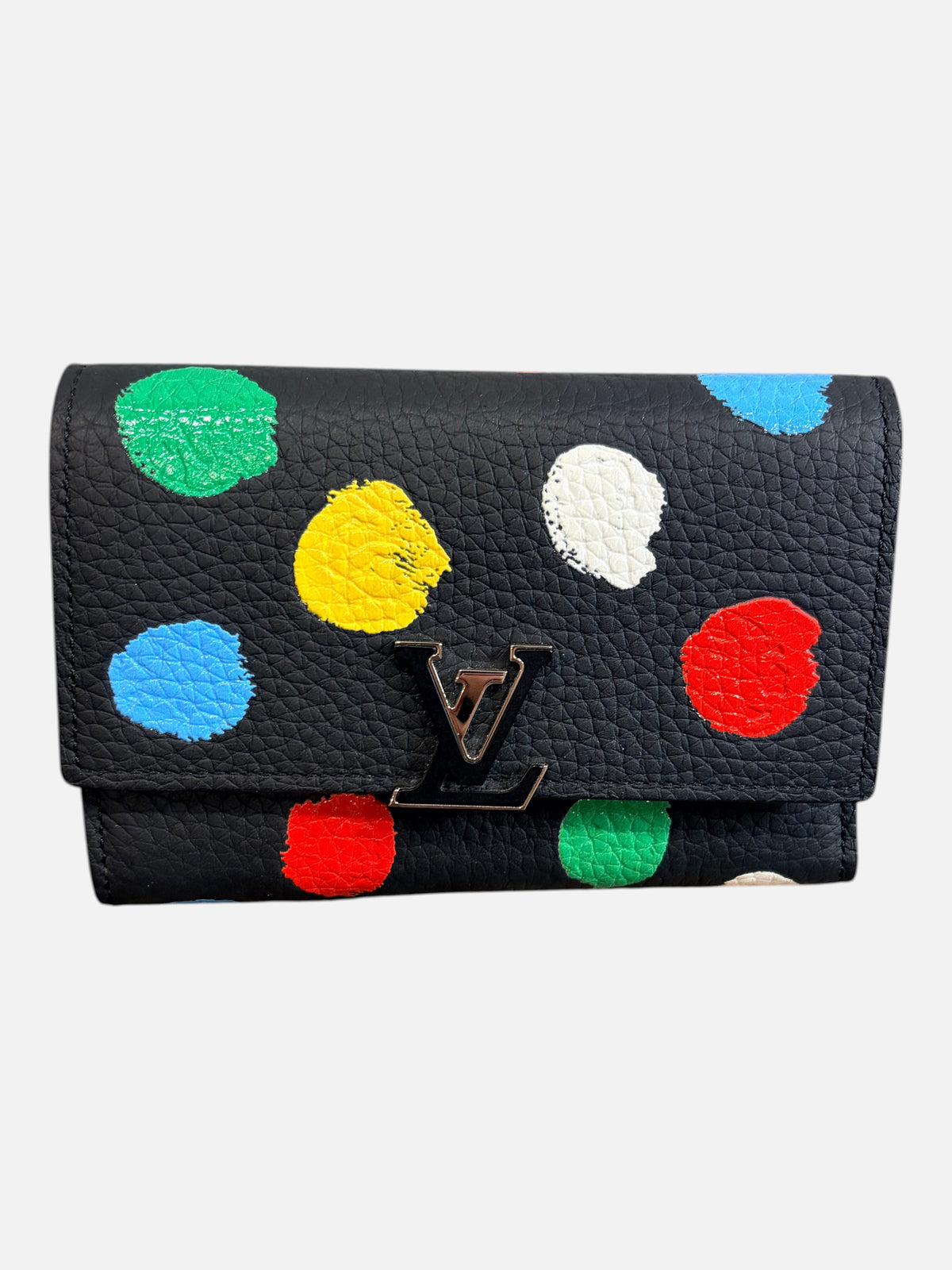 CURATED by Kira Louis Vuitton Kusama Capucines compact wallet in black textured calfskin with colorful polka dots