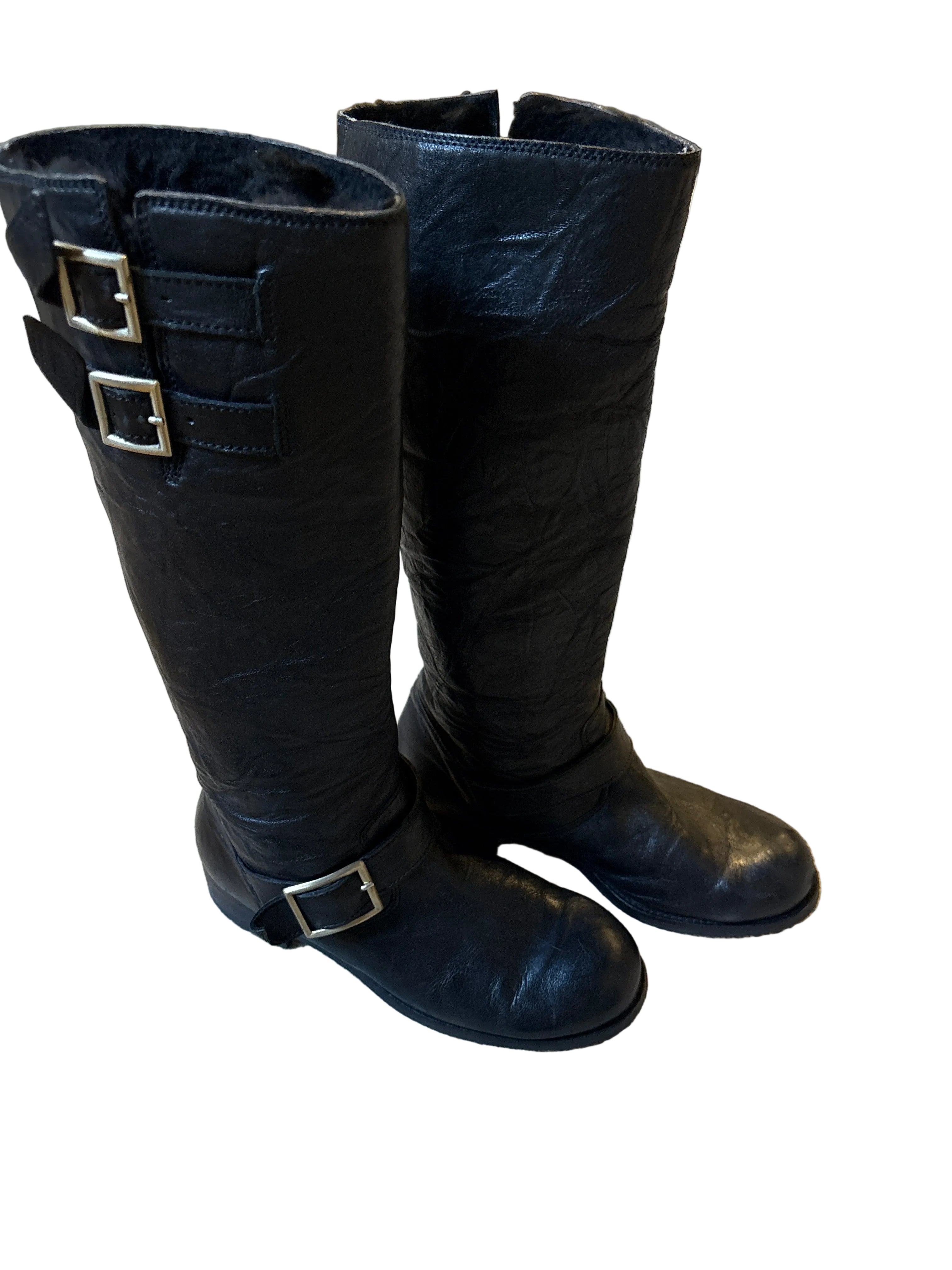 Jimmy Choo Yule Biker Black Knee-High Leather Boots- Size 38.5