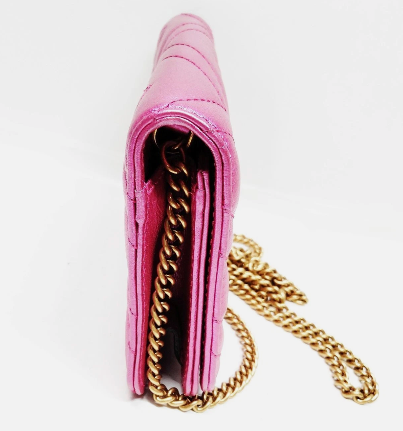 Gucci Marmont Wallet on Chain - Metallic Pink with Red Crystal GG Heart