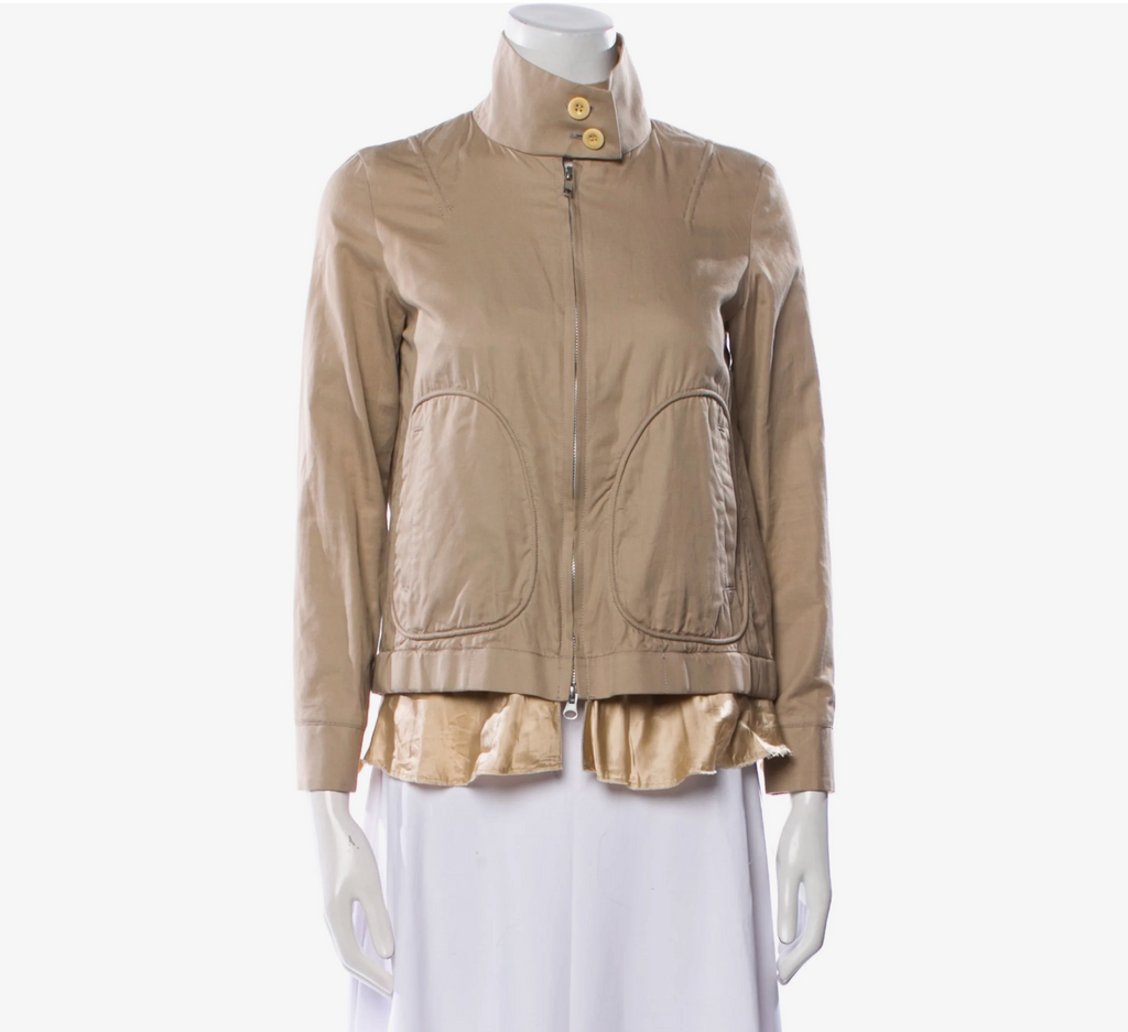 6489 - Sacai Canvas Biker Jacket With Silk Ruffle Trim Khaki - Designer Size 2