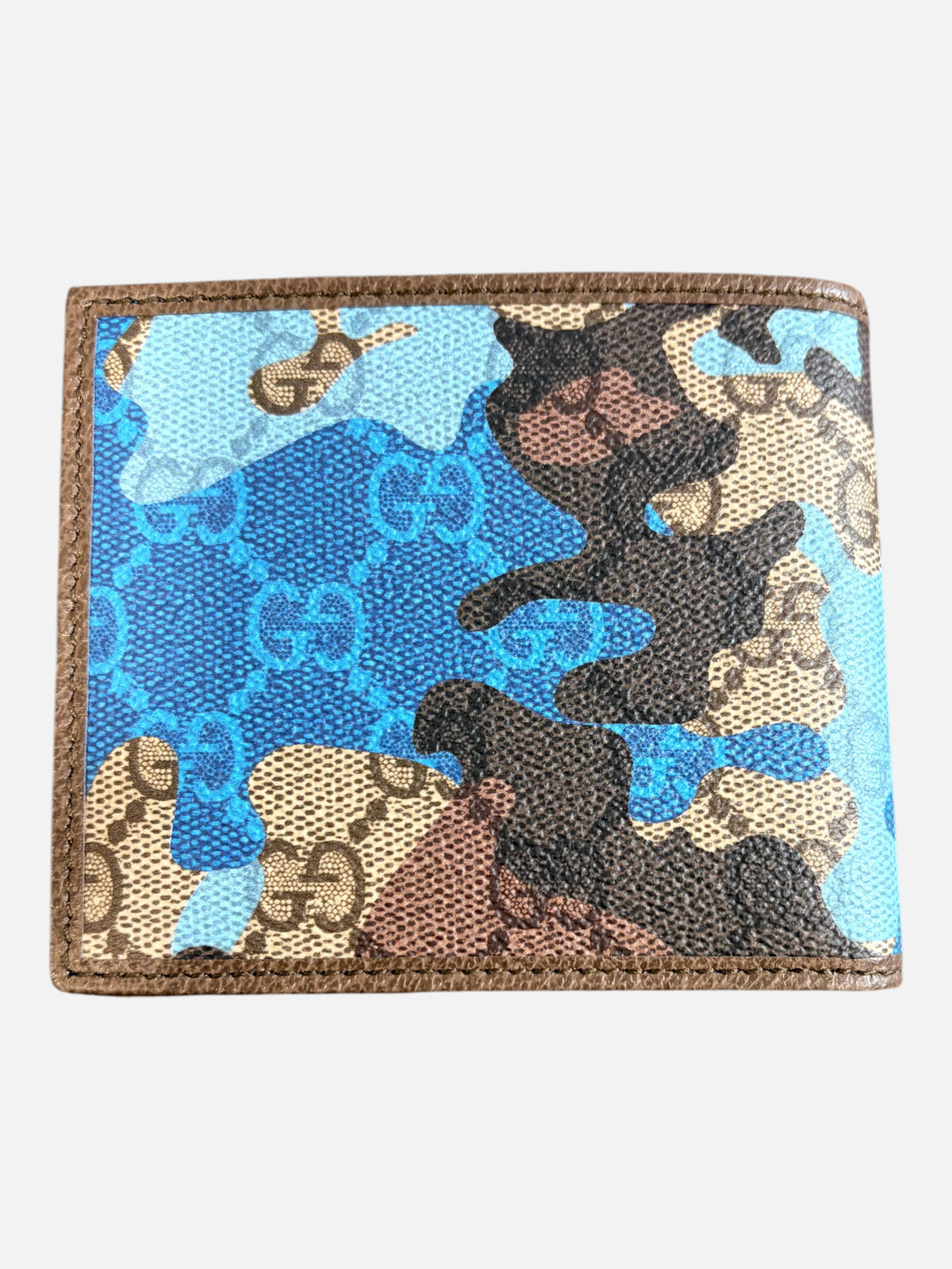 CURATED by Kira Gucci GG bifold wallet in blue camouflage marbled coated canvas with brown leather trim