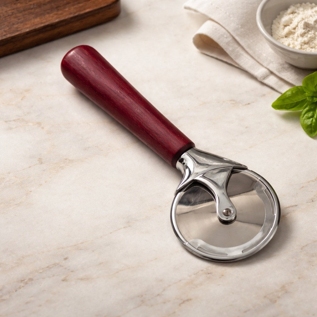 Hand Turned Hardwood Pizza Cutter Wheel, stainless steel blade, artisan kitchen tool, ergonomic handle, gift ready