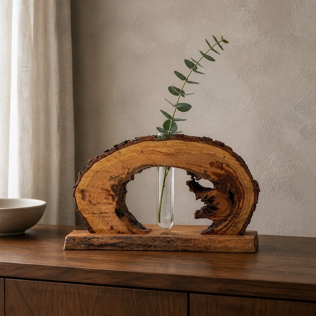Live Edge Black Cherry Log Bud Vase and Stand, hollow log sculpture, glass propagation tube, rustic mantel decor, 16 x 9 x 4 in
