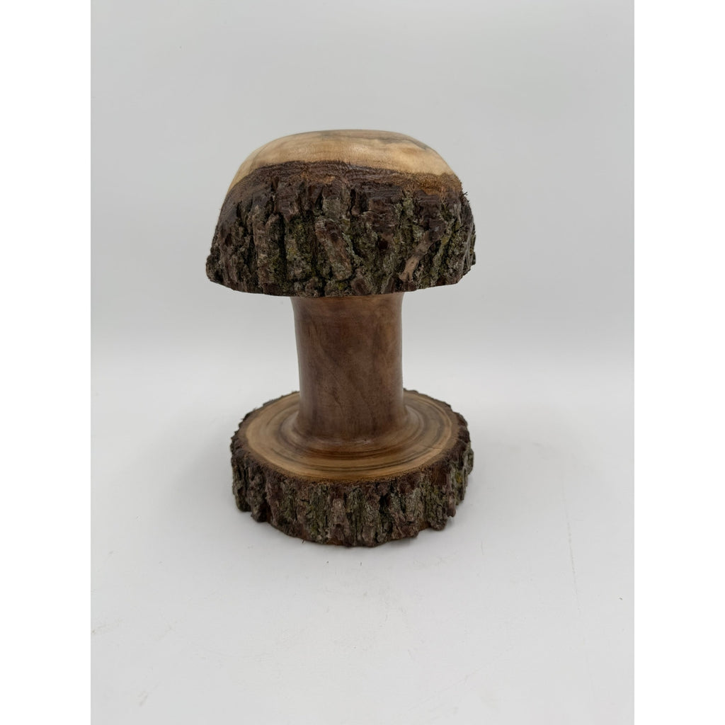 Live Edge Walnut Mushroom Tabletop Ornament, artisan woodturning, bark-on base and cap, natural walnut, 7" diameter, 9.5" height (SKU 1254)