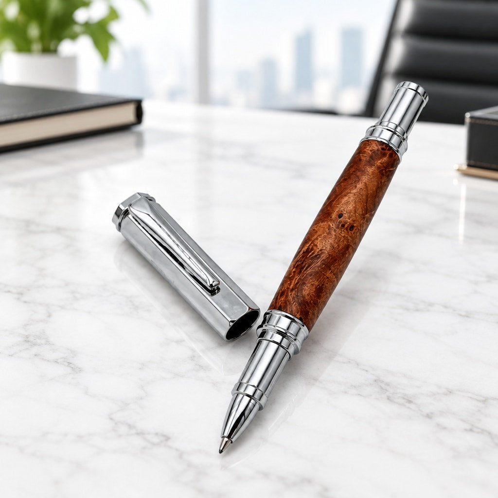 Vertex Rollerball Pen in Thuya Burl Wood, Hand Turned Barrel, Chrome Finish, SKU 1558