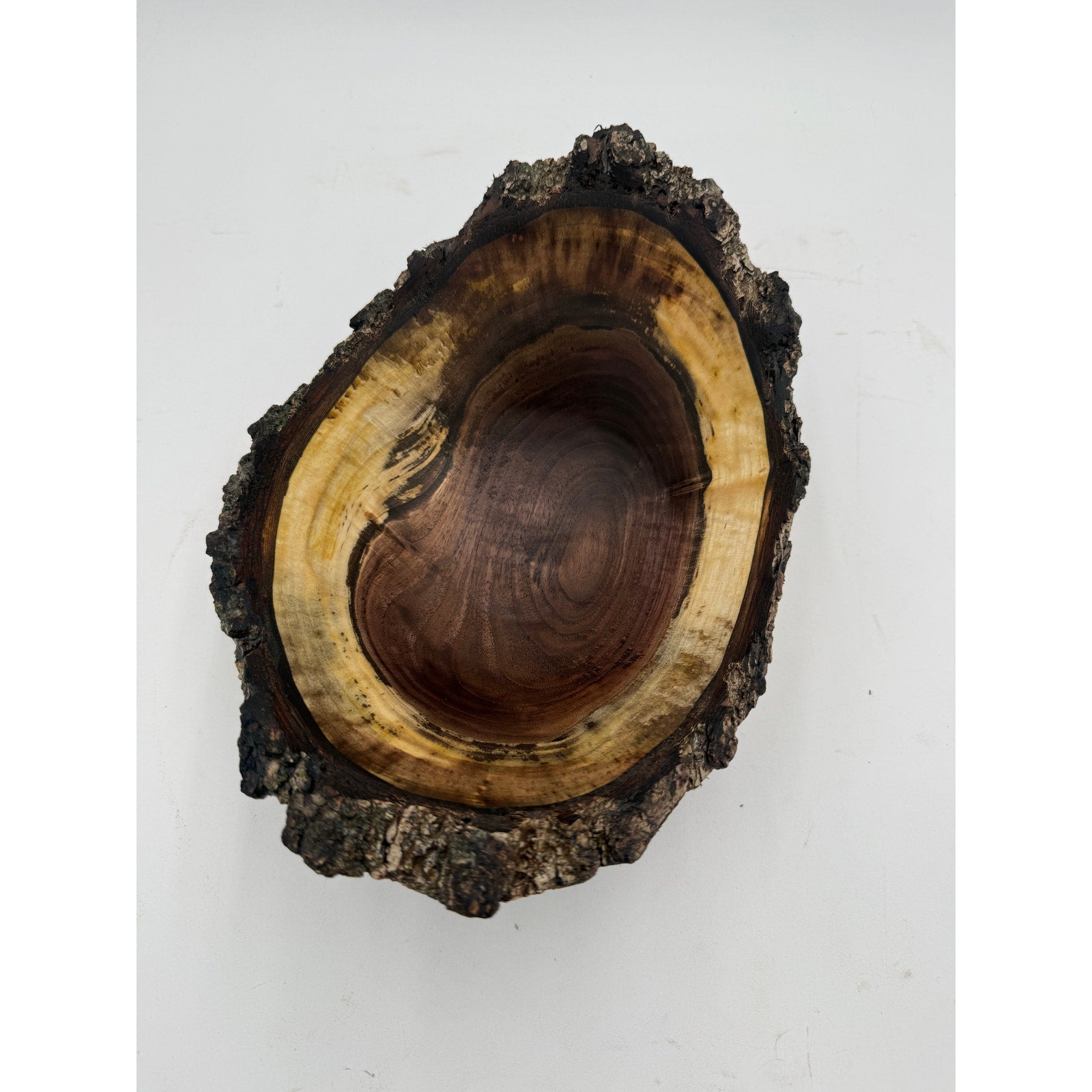 Live Edge Walnut Bark Rim Hand Turned Bowl, 11x8 size, 4.5 in tall, food safe finish, rustic centerpiece, artisan made