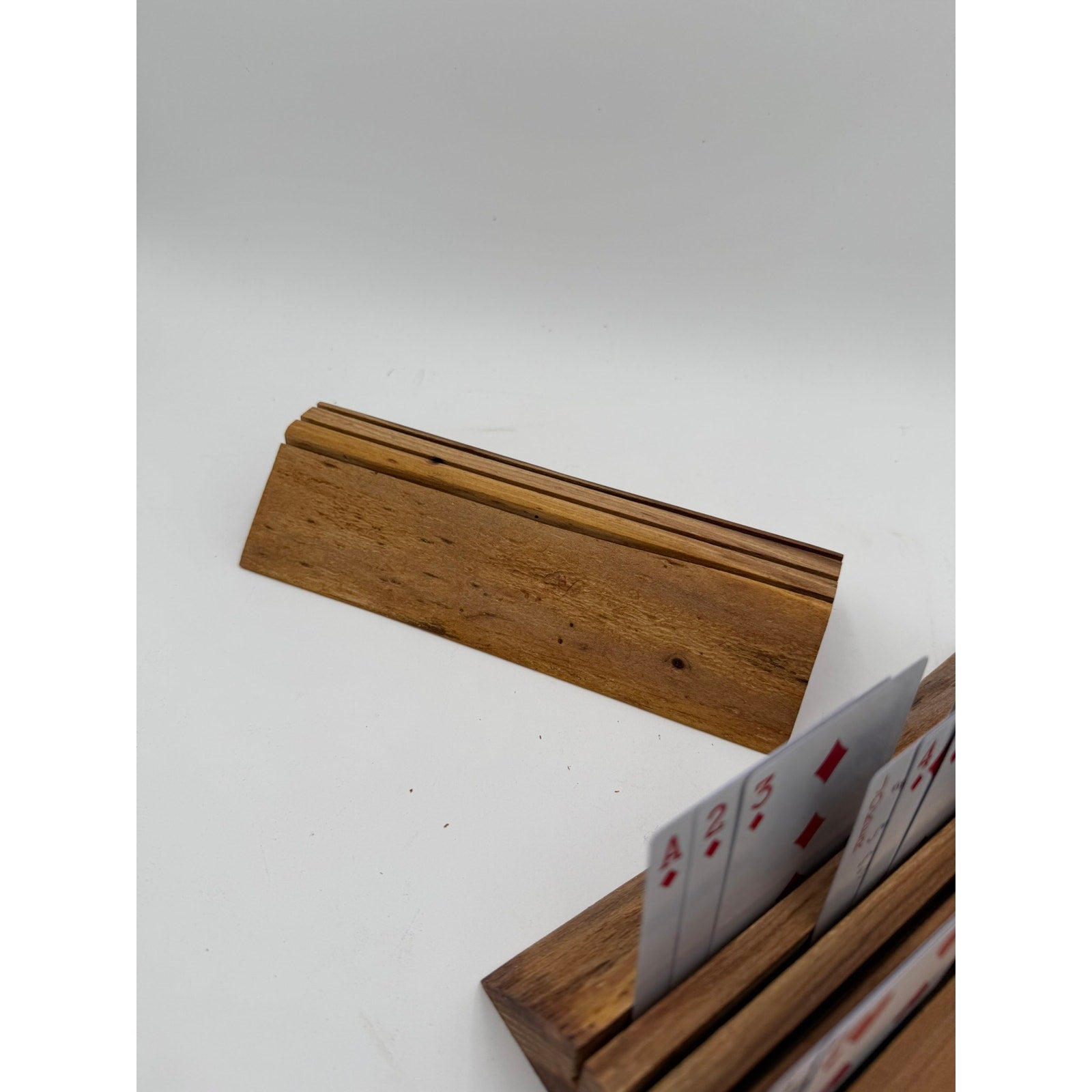 Handcrafted Wooden Playing Card Holder rack, 4-7 slot organizer, tabletop game accessory, bridge and poker aid