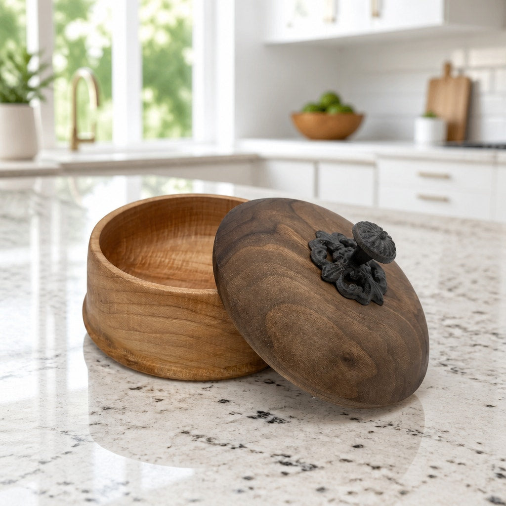 Figured Maple Turned Bowl with Lid, Walnut Top, Wrought Iron Handle, SKU 1464