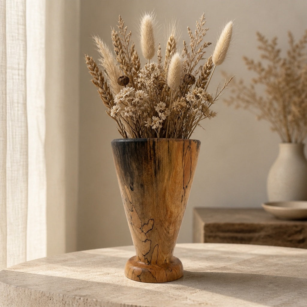 Hand Turned Spalted Maple Wood Vase 5 x 7.5, hardwood decor, handcrafted, natural grain, dried flower display
