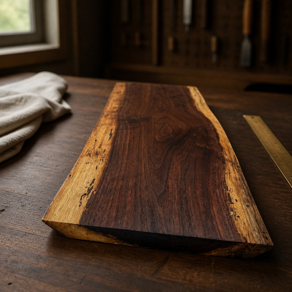 Live Edge Walnut Charcuterie Board Platter, rich dark coloring, intricate grain pattern, handcrafted, 18x8x1.1 in
