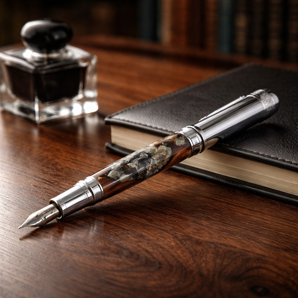 Hand Turned Fountain Pen with Silver Accents, epoxy barrel with silver flake and grapevine, includes ink pump and cartridge, handmade gift