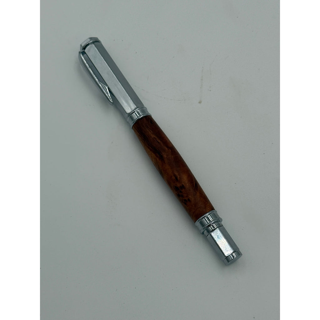 Vertex Rollerball Pen in Thuya Burl Wood, Hand Turned Barrel, Chrome Finish, SKU 1558