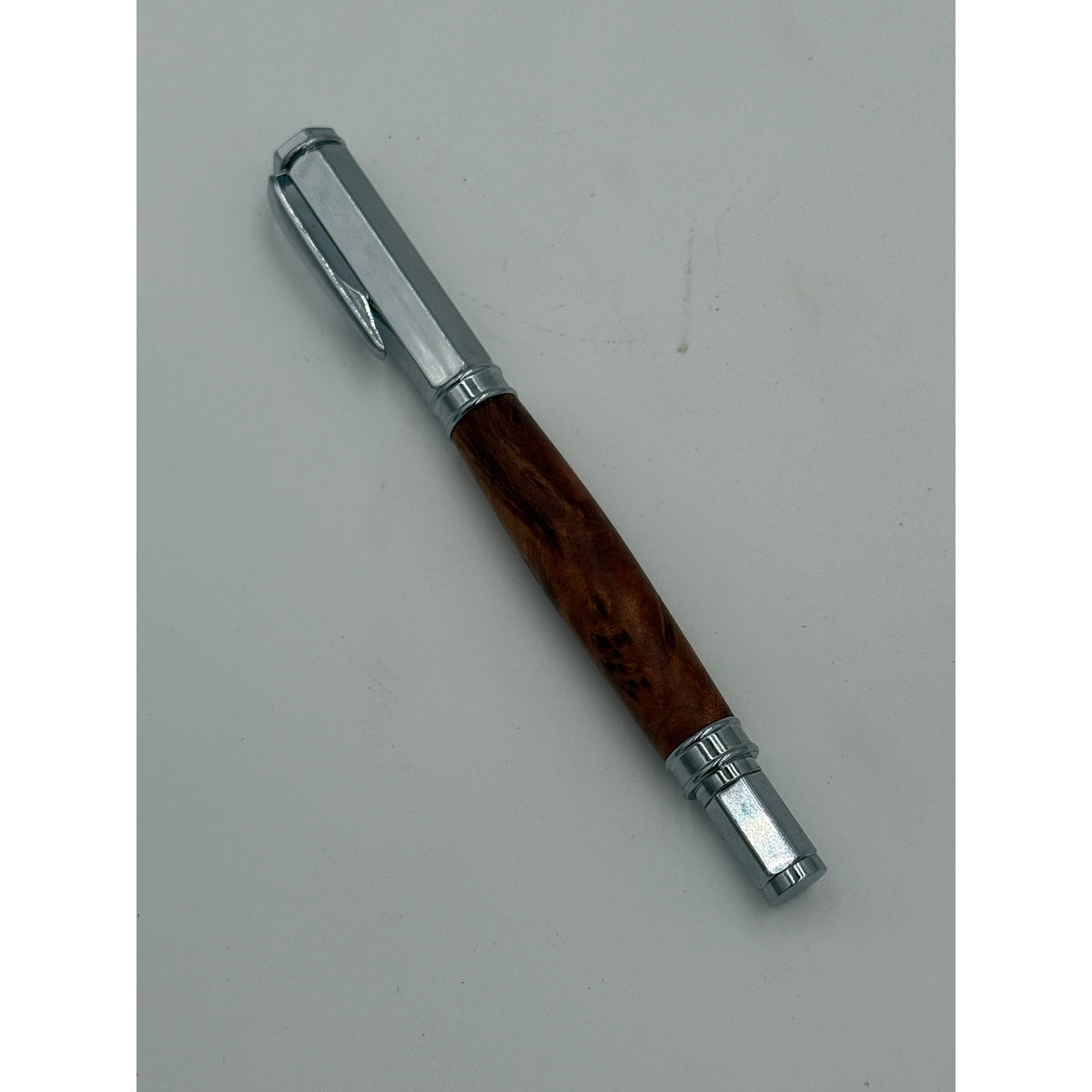 Vertex Rollerball Pen in Thuya Burl Wood, Hand Turned Barrel, Chrome Finish, SKU 1558