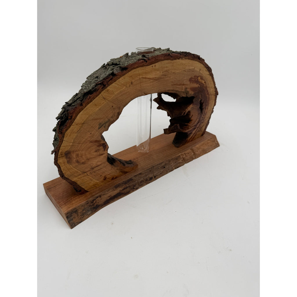 Live Edge Black Cherry Log Bud Vase and Stand, hollow log sculpture, glass propagation tube, rustic mantel decor, 16 x 9 x 4 in