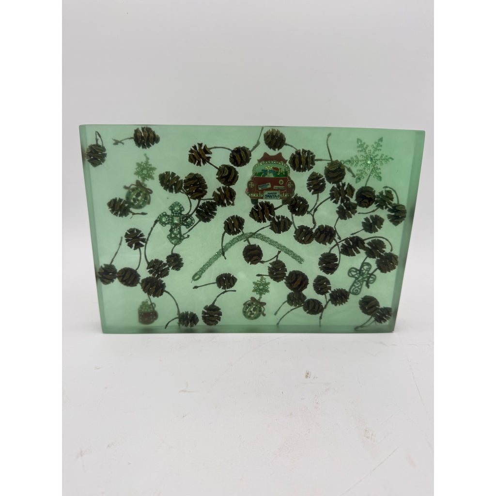 Christmas Theme Charcuterie Board, Green Epoxy, Pine Cone Accents, Handcrafted, 12x8x1.25