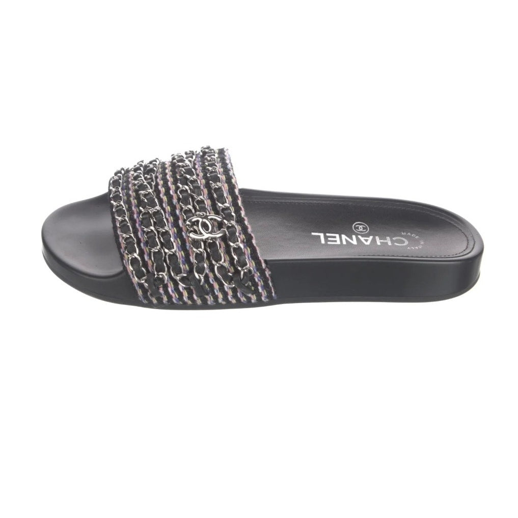 Chanel 2017 Interlocking CC Tweed Slides Chain Logo Sandals 41