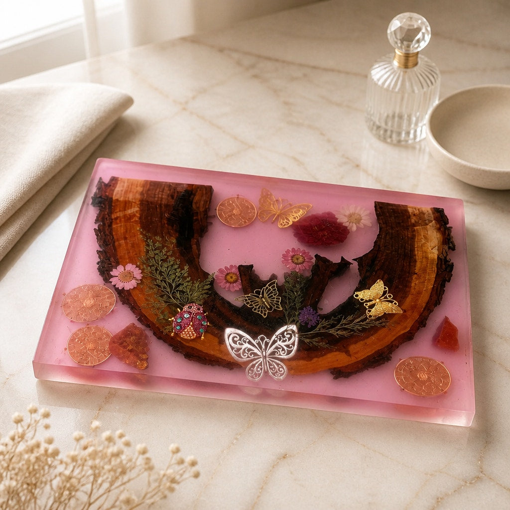 Butterfly Garden Resin Charcuterie Board 12x8, red epoxy art serving tray, embedded wood and florals, ladybug accents, handmade home decor