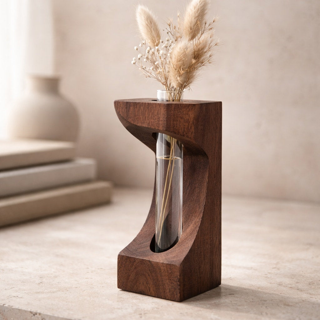 Walnut Propagation Station with Glass Tube, 3x3x9 inches, modern decor, functional bud vase, minimalist planter