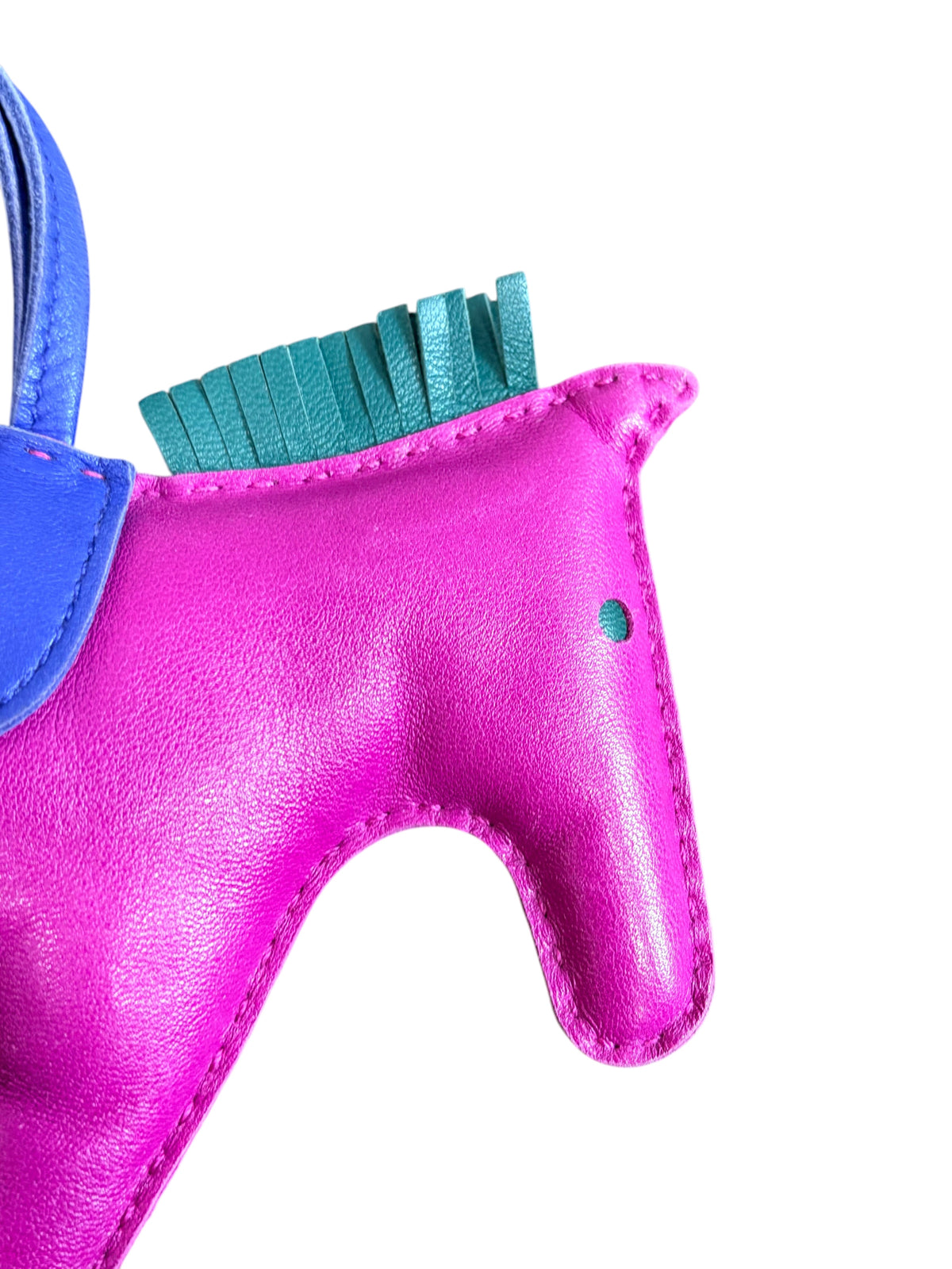 CURATED by Kira HERMES Rodeo GM bag charm in Rose Purple, Blue Electric, and Malachite Agneau Milo lambskin leather.