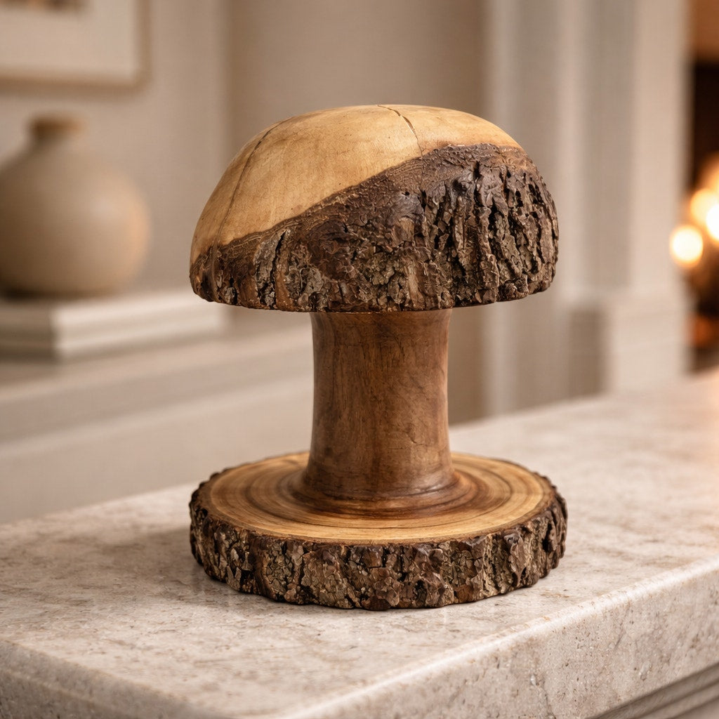 Live Edge Walnut Mushroom Tabletop Ornament, artisan woodturning, bark-on base and cap, natural walnut, 7" diameter, 9.5" height (SKU 1254)