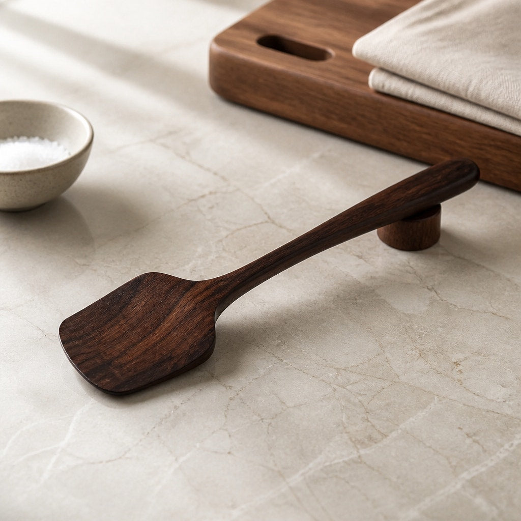 Handmade Walnut Scraping Spoon 12 Inch, food safe finish, ergonomic handle, gentle on nonstick, artisan kitchen tool