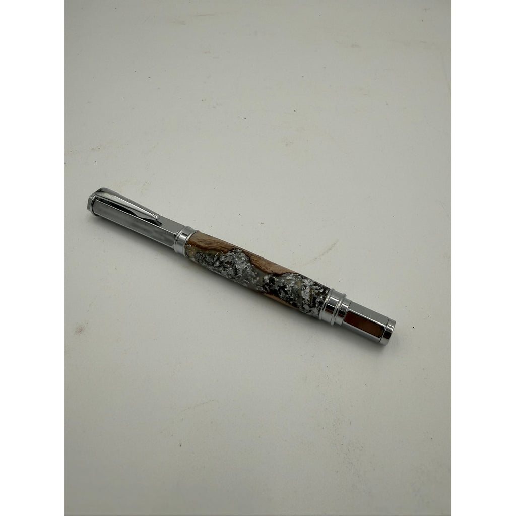 Hand Turned Fountain Pen with Silver Accents, epoxy barrel with silver flake and grapevine, includes ink pump and cartridge, handmade gift