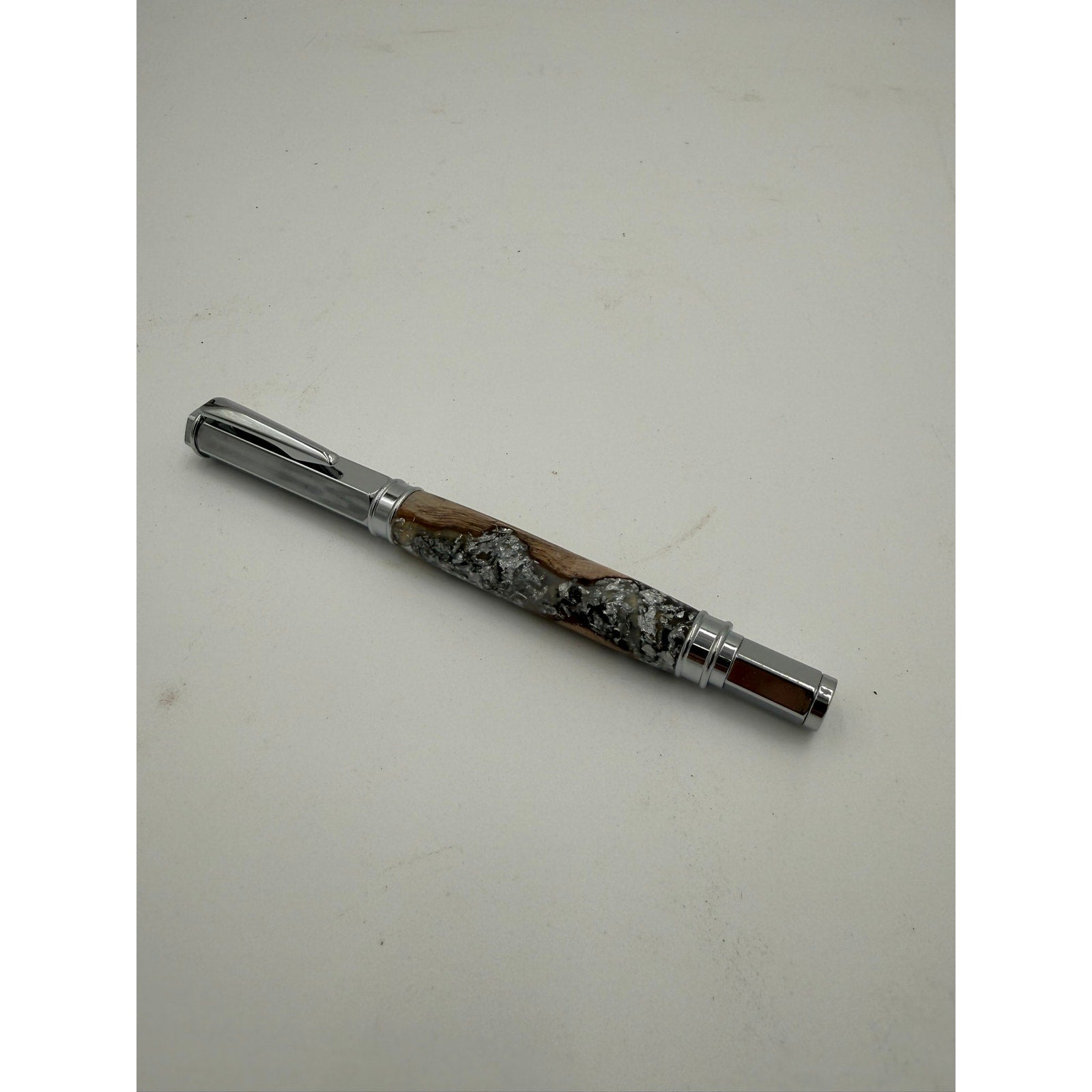 Hand Turned Fountain Pen with Silver Accents, epoxy barrel with silver flake and grapevine, includes ink pump and cartridge, handmade gift