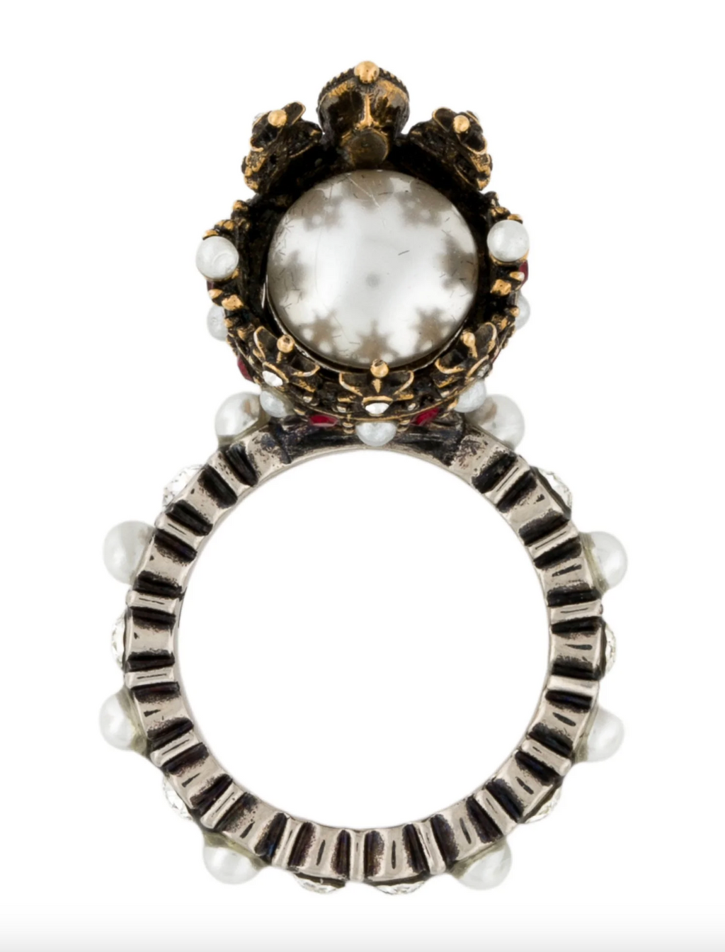 7238 - Alexander McQueen Crystal & Faux Pearl Queen Skull Ring