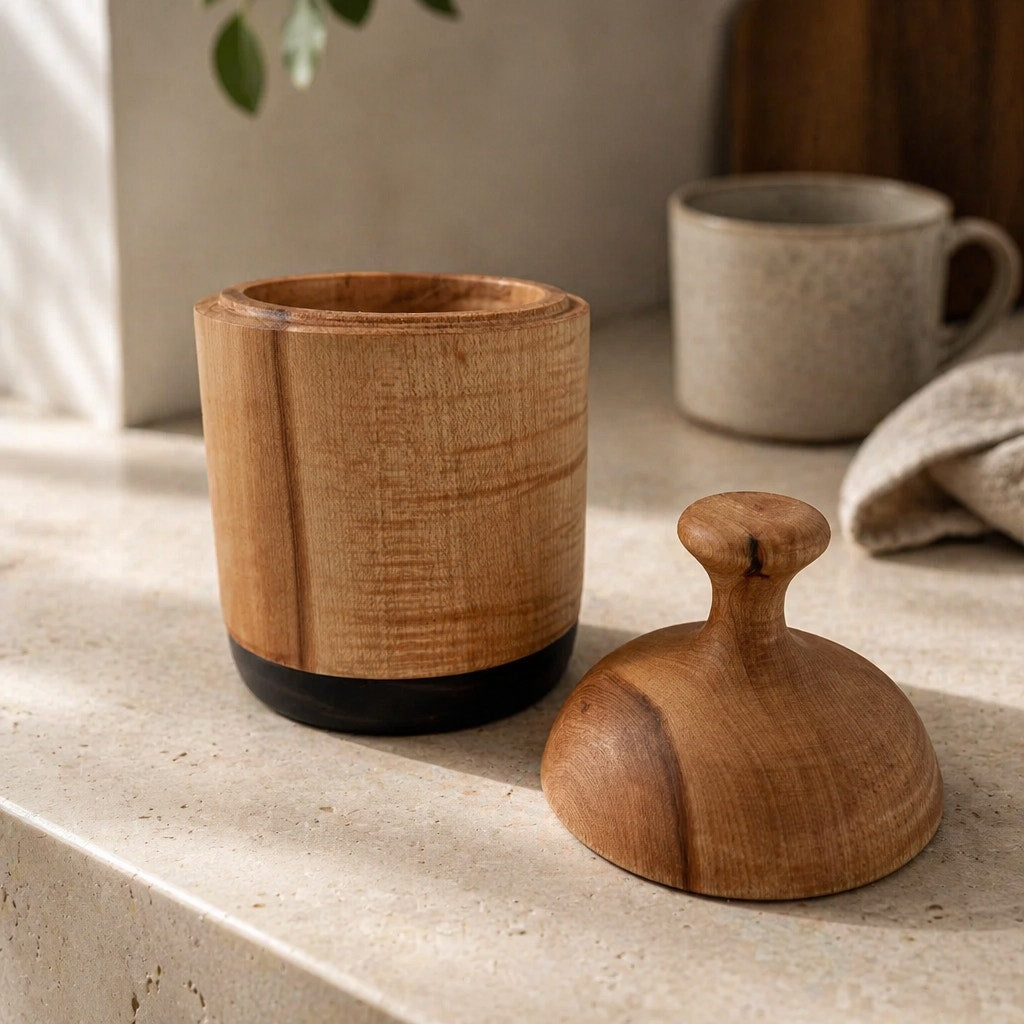 Hand Turned Figured Maple Lidded Box with Walnut Base, 4.25 x 7.5, tea bag storage, key holder, catchall, kitchen canister