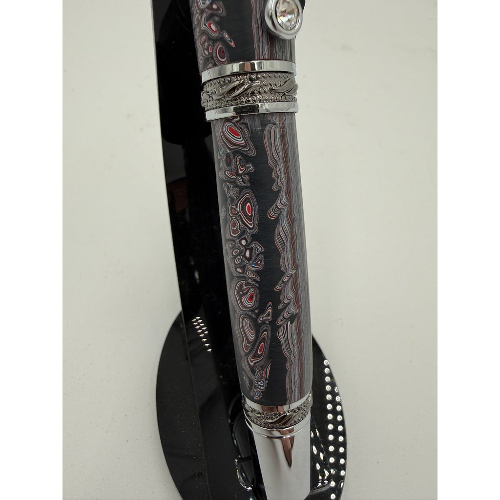 One of a Kind Fordite Barrel Rollerball Pen, handmade artisan pen, silver details, refillable ink, professional writing tool