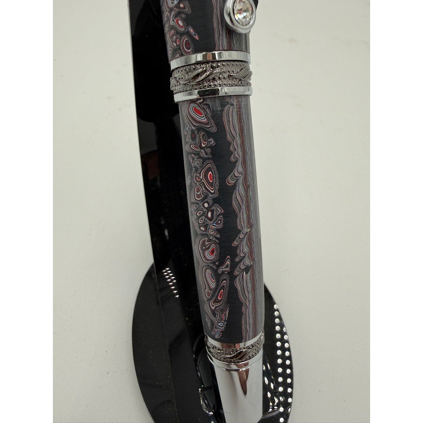 One of a Kind Fordite Barrel Rollerball Pen, handmade artisan pen, silver details, refillable ink, professional writing tool