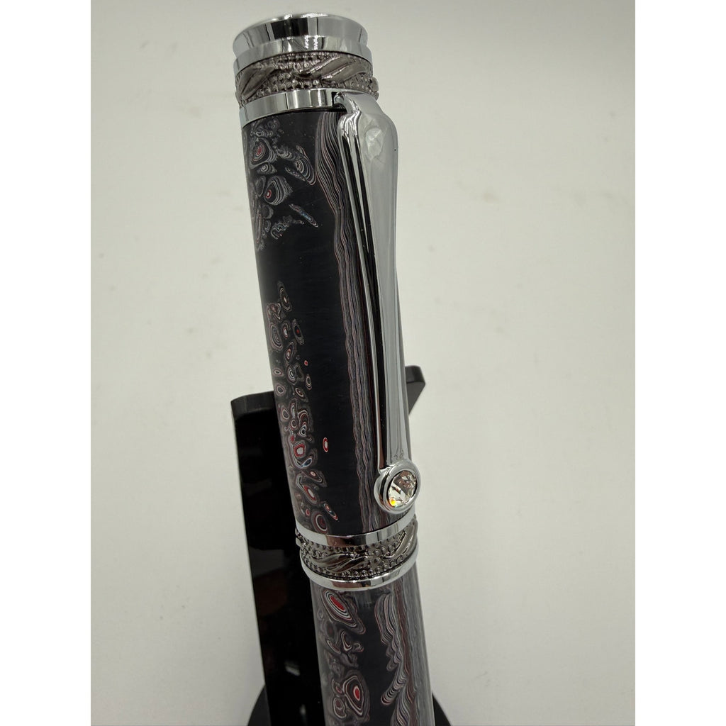 One of a Kind Fordite Barrel Rollerball Pen, handmade artisan pen, silver details, refillable ink, professional writing tool